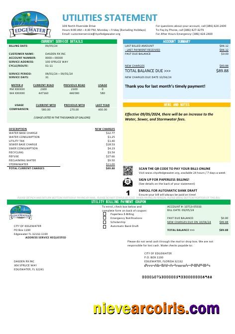 USA Florida City of Edgewater business utility bill